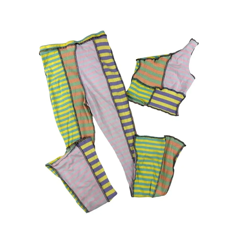 The Ragged Priest - Patchwork Stripes One Shoulder Top & Pants in Green & Purple - Picture 6 of 6
